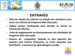 ENTRAVES 
• Falta de adoção de critérios na seleção dos monitores para 
atuar nas oficinas do Programa Mais Educação. 
• Espaço escolar inadequado para atender os alunos no 
horário das oficinas. 
• Falta de engajamento no direcionamento das atividades do 
Programa Mais Educação. 
• Excesso de programas, fazendo os pais optarem por 
aqueles com retorno financeiro, ao invés, daqueles que 
beneficiem o processo da aprendizagem escolar. 
 