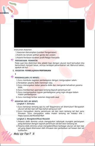 ASESMEN
Diagnostik Formatif Sumatif
Instrumen Asesmen
1.Asesmen Ketrampilan (Lembar Pengamatan)
2.Rubrik tes tertulis (pilihan ganda dan uraian)
3.Rubrik Penilaian karakter profil Pelajar Pancasila
PERTANYAAN PEMANTIK
Pada saat kita dilahirkan kita adalah bayi dengan ukuran kecil kemudian kita
bertumbuh menjadi besar, artinya terdapat penambahan sel. Menurut kalian,
apakah sel itu?
C. KEGIATAN PEMBELAJARAN PERTEMUAN
1
PENDAHULUAN (15 MENIT)
1.Guru membuka kegiatan pembelajaran dengan mengucapkan salam.
2.Perwakilan peserta didik memimpin doa.
3.Guru menanyakan kabar peserta didik dan mengecek kehadiran peserta
didik.
4.Guru memberikan apersepsi tentang Sejarah penemuan sel
5.Guru menyampaikan tujuan pembelajaran yang ingin dicapai dalam
materi pembelajaran
6. Guru membagi lembar asesmen diagnostik awal
KEGIATAN INTI (60 MENIT)
Langkah 1. Stimulus
1.Guru bertanya tentang apa itu sel? Bagaimana sel ditemukan? Berapakah
ukuran sel dan tipe sel? Apa bahan penyusun sel?
2.Guru menyajikan skema penemuan sel dan teori tentang sel dari para
ilmuwan. Guru menyajikan video materi tentang sel melalui link :
https://youtu.be/AGx6XyY4laY
Langkah 2. Mengidentifikasi Masalah
1.Peserta didik diminta untuk mengajukan sebanyak mungkin pertanyaan
yang berkaitan dengan sejarah penemuan sel dan teori tentang sel.
2.Peserta didik diminta untuk mengidentifikasi berbagai ukuran sel dan tipe
sel yang dapat ditemukan oleh ilmuwan dan perbedaan sel hewan dan sel
tumbuhan
Modul ajar Fase F XI
 