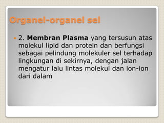 Organel-organel sel
 2. Membran Plasma yang tersusun atas
molekul lipid dan protein dan berfungsi
sebagai pelindung molekuler sel terhadap
lingkungan di sekirnya, dengan jalan
mengatur lalu lintas molekul dan ion-ion
dari dalam
 