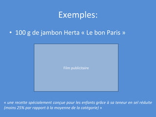 Exemples: 100 g de jambon Herta « Le bon Paris » «  une recette spécialement conçue pour les enfants grâce à sa teneur en sel réduite (moins 25% par rapport à la moyenne de la catégorie)  » Film publicitaire 