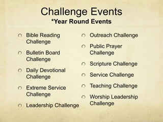 Challenge Events 
*Year Round Events 
Bible Reading 
Challenge 
Bulletin Board 
Challenge 
Daily Devotional 
Challenge 
Extreme Service 
Challenge 
Leadership Challenge 
Outreach Challenge 
Public Prayer 
Challenge 
Scripture Challenge 
Service Challenge 
Teaching Challenge 
Worship Leadership 
Challenge 
 