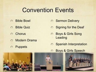 Convention Events 
Bible Bowl 
Bible Quiz 
Chorus 
Modern Drama 
Puppets 
Sermon Delivery 
Signing for the Deaf 
Boys & Girls Song 
Leading 
Spanish Interpretation 
Boys & Girls Speech 
 