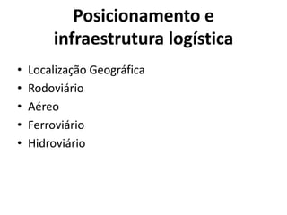 Posicionamento e
        infraestrutura logística
•   Localização Geográfica
•   Rodoviário
•   Aéreo
•   Ferroviário
•   Hidroviário
 