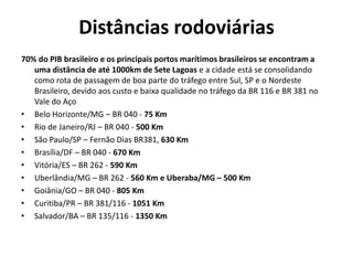 Distâncias rodoviárias
70% do PIB brasileiro e os principais portos marítimos brasileiros se encontram a
   uma distância de até 1000km de Sete Lagoas e a cidade está se consolidando
   como rota de passagem de boa parte do tráfego entre Sul, SP e o Nordeste
   Brasileiro, devido aos custo e baixa qualidade no tráfego da BR 116 e BR 381 no
   Vale do Aço
• Belo Horizonte/MG – BR 040 - 75 Km
• Rio de Janeiro/RJ – BR 040 - 500 Km
• São Paulo/SP – Fernão Dias BR381, 630 Km
• Brasília/DF – BR 040 - 670 Km
• Vitória/ES – BR 262 - 590 Km
• Uberlândia/MG – BR 262 - 560 Km e Uberaba/MG – 500 Km
• Goiânia/GO – BR 040 - 805 Km
• Curitiba/PR – BR 381/116 - 1051 Km
• Salvador/BA – BR 135/116 - 1350 Km
 