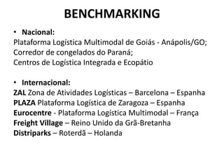 BENCHMARKING
• Nacional:
Plataforma Logística Multimodal de Goiás - Anápolis/GO;
Corredor de congelados do Paraná;
Centros de Logística Integrada e Ecopátio

• Internacional:
ZAL Zona de Atividades Logísticas – Barcelona – Espanha
PLAZA Plataforma Logística de Zaragoza – Espanha
Eurocentre - Plataforma Logística Multimodal – França
Freight Village – Reino Unido da Grã-Bretanha
Distriparks – Roterdã – Holanda
 