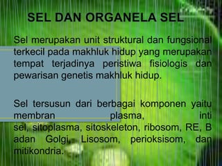 Sel merupakan unit struktural dan fungsional
terkecil pada makhluk hidup yang merupakan
tempat terjadinya peristiwa fisiologis dan
pewarisan genetis makhluk hidup.

Sel tersusun dari berbagai komponen yaitu
membran                plasma,            inti
sel, sitoplasma, sitoskeleton, ribosom, RE, B
adan Golgi, Lisosom, perioksisom, dan
mitikondria.
 