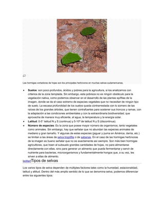 Las hormigas cortadoras de hojas son los principales herbívoros en muchas selvas sudamericanas.


    Suelos: son poco profundos, ácidos y pobres para la agricultura, si los analizamos con
    criterios de la zona templada. Sin embargo, esta pobreza no es ningún obstáculo para la
    vegetación nativa, como podemos observar en el desarrollo de las plantas epífitas de la
    imagen, donde se da el caso extremo de especies vegetales que no necesitan de ningún tipo
    de suelo. La escasa profundidad de los suelos queda contrarrestada con lo somero de las
    raíces de los grandes árboles, que tienen contrafuertes para sostener sus troncos y ramas, con
    la adaptación a las condiciones ambientales y con la extraordinaria biodiversidad, que
    aprovecha de manera muy eficiente, el agua, la temperatura y la energía solar.
    Latitud: 0-5° latitud N y S (continua) y 5-10º de latitud N y S (discontinua).
    Número de especies: Es la zona que posee mayor número de organismos, tanto vegetales
    como animales. Sin embargo, hay que señalar que no abundan las especies animales de
    mediano y gran tamaño. Y algunas de estas especies (jaguar y puma en América, danta, etc.)
    se limitan a las áreas de selva tropófila o de sabanas. En el caso de las hormigas herbívoras
    de la imagen es bueno señalar que no es exactamente así siempre. Son más bien hormigas
    agricultoras, que traen al subsuelo grandes cantidades de hojas, no para alimentarse
    directamente con ellas, sino para generar un alimento que pueda fermentarse y servir de
    nutriente para bacterias, microorganismos y fundamentalmente hongos que, a su vez, les
    sirven a ellas de alimento.
[editar]Tipos    de selvas
Los varios tipos de selva dependen de múltiples factores tales como la humedad, estacionalidad,
latitud y altitud. Dentro del más amplio sentido de lo que se denomina selva, podemos diferenciar
entre los siguientes tipos:
 