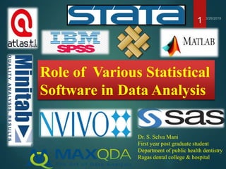Role of Various Statistical
Software in Data Analysis
1
Dr. S. Selva Mani
First year post graduate student
Department of public health dentistry
Ragas dental college & hospital
 