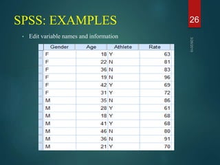 SPSS: EXAMPLES
• Edit variable names and information
26
 
