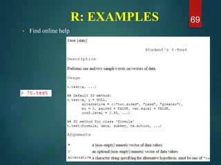 R: EXAMPLES
• Find online help
69
 