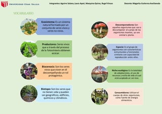 Integrantes:Aguirre Solano,Laura Apari, Marquina Quiroz, Rugel Vinces Docente:Magarita GutierrezAvellaneda
VOCABULARIO:
Ecosistema: Es un sistema
naturalformado por un
conjunto de seres vivos y
seres no vivos.
Productores: Seres vivos
que a través del proceso
de la fotosíntesis obtienen
azúcar.
Biocenosis: Son los seres
vivos queviven en él
dessempeñando un rol
protagónico.
Biotopo: Son los seres que
no tienen vida y pueden
ser geográficos, edificios,
químicos y climáticos.
Descomponedores:Son
aquellos organismos que van a
descomponer el cuerpo de los
organismos muertos, ya sea
animal o planta.
Especie: Es el grupo de
organismos con características
estructurales y funcionales
similares con capacidad de
reproducción entre ellos.
Nicho ecológico: Es la totalidad
de adaptaciones, el uso de
recursos y estilo de vida al cual
está acoplado un servivo.
Consumidores: Utilizan el
cuerpo de otros organismos,
como fuente de energía
alimenticia.
 