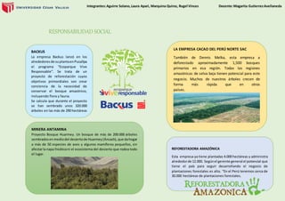 Integrantes:Aguirre Solano,Laura Apari, Marquina Quiroz, Rugel Vinces Docente:Magarita GutierrezAvellaneda
RESPONSABILIDAD SOCIAL
BACKUS
La empresa Backus lanzó en los
alrededoresde suplantaenPucallpa
el programa “Ecoparque Vive
Responsable”. Se trata de un
proyecto de reforestación cuyos
objetivos primordiales son crear
conciencia de la necesidad de
conservar el bosque amazónico,
incluyendo flora y fauna.
Se calcula que durante el proyecto
se han sembrado unos 320.000
árboles en las más de 290 hectáreas
que contiene el ecoparque.
REFORESTADORA AMAZÓNICA
Esta empresa ya tiene plantadas 4.000 hectáreas y administra
alrededorde 12.000. Segúnel gerente general el potencial que
tiene el país para seguir desarrollando el negocio de
plantaciones forestales es alto. “En el Perú tenemos cerca de
30.000 hectáreas de plantaciones forestales.
LA EMPRESA CACAO DEL PERÚ NORTE SAC
También de Dennis Melka, esta empresa a
deforestado aproximadamente 1,500 bosques
primarios en esa región. Todas las regiones
amazónicas de selva baja tienen potencial para este
negocio. Muchos de nuestros árboles crecen de
forma más rápida que en otros
países.
MINERA ANTAMINA
Proyecto Bosque Huarmey. Un bosque de más de 200.000 árboles
sembradosen mediodel desiertode Huarmey(Áncash),que dahogar
a más de 50 especies de aves y algunos mamíferos pequeños, sin
afectarla napa freáticani el ecosistema del desierto que rodea todo
el lugar.
 