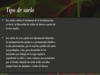 Tipo de suelo
• Los suelos sufren el fenómeno de la ferralitización;
  es decir, la liberación de óxidos de hierro a partir de
  la roca madre.

• Los suelos de esta región son típicamente húmedos.
  La intemperización química es pronunciada debido a
  la alta pluviometría, por lo cual los perfiles del suelo
  son profundos y hay poco desarrollo de los
  horizontes por debajo de la capa orgánica
  superficial. La sílice y otros cationes son arrastrados
  por el lavado, dejando un suelo ácido con altas
  proporciones de aluminio y óxidos de hierro;
 