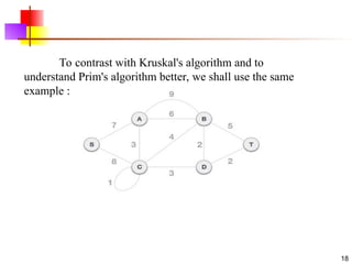 18
To contrast with Kruskal's algorithm and to
understand Prim's algorithm better, we shall use the same
example :
 