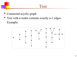 Tree
 Connected acyclic graph
 Tree with n nodes contains exactly n-1 edges.
Example:
3
 