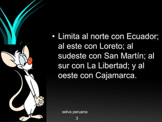 • Limita al norte con Ecuador;
al este con Loreto; al
sudeste con San Martín; al
sur con La Libertad; y al
oeste con Cajamarca.
selva peruana
3
 