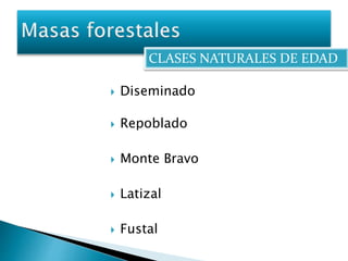 CLASES NATURALES DE EDAD 
 Diseminado 
 Repoblado 
 Monte Bravo 
 Latizal 
 Fustal 
 