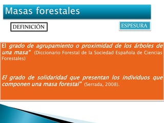 DEFINICIÓN ESPESURA 
El grado de agrupamiento o proximidad de los árboles de 
una masa“ (Diccionario Forestal de la Sociedad Española de Ciencias 
Forestales) 
El grado de solidaridad que presentan los individuos que 
componen una masa forestal” (Serrada, 2008). 
 