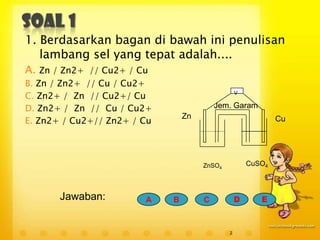 1. Berdasarkan bagan di bawah ini penulisan
   lambang sel yang tepat adalah....
A. Zn / Zn2+ // Cu2+ / Cu
B. Zn / Zn2+ // Cu / Cu2+
C. Zn2+ / Zn // Cu2+/ Cu                          V


D. Zn2+ / Zn // Cu / Cu2+                 Jem. Garam
                                 Zn
E. Zn2+ / Cu2+// Zn2+ / Cu                                    Cu




                                      ZnSO4           CuSO4



       Jawaban:         A    B        C           D      E



                                              2
 