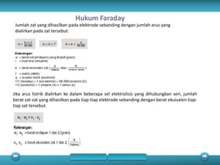 Jumlah zat yang dihasilkan pada elektrode sebanding dengan jumlah arus yang
dialirkan pada zat tersebut.
Jika arus listrik dialirkan ke dalam beberapa sel elektrolisis yang dihubungkan seri, jumlah
berat zat-zat yang dihasilkan pada tiap-tiap elektrode sebanding dengan berat ekuivalen tiap-
tiap zat tersebut.
Hukum Faraday
 