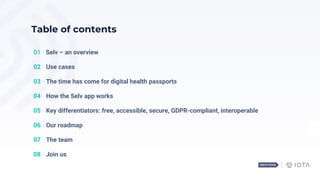 Table of contents
01 - Selv – an overview
02 - Use cases
03 - The time has come for digital health passports
04 - How the Selv app works
05 - Key differentiators: free, accessible, secure, GDPR-compliant, interoperable
06 - Our roadmap
07 - The team
08 - Join us
 