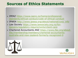 Sources of Ethics Statements
 IPENZ https://www.ipenz.nz/home/professional-
standards/ethical-conduct/code-of-ethical-conduct
 IPWEA http://www.ipwea.org/about/national/corp_info
 Law Society https://www.lawsociety.org.nz/for-
lawyers/regulatory-requirements/client-care
 Chartered Accountants ANZ https://www.ifac.org/about-
ifac/membership/members/chartered-accountants-
australia-and-new-zealand-formerly-recognized-0
 