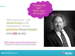 “threats into
risk”?
What was I
thinking?!?
Risk Analysis Versus Risk Assessment
Thomas R. Peltier, SecureWorld Expo
 