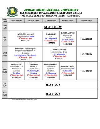 JINNAH SINDH MEDICAL UNIVERSITY
BLOOD MODULE, INFLAMMATION & NEOPLASIA MODULE
TIME TABLE SEMESTER-I WEEK-08, (Batch – II, 2013) SMC
DAY /
DATE
08:30 to 09:30 09:30 to 10:30 11:00 to 12:00 12:00 to 12:45 01:00 to 02:45
MON
17/02 SELF STUDY
TUE
18/02
PATHOLOGY Review of
Inflammation Dr. Sadia
4
th
Floor Lec. Hall
S-I-BM-139
PHYSIOLOGY
ESR
Dr. Tariq Kamal
4
th
Floor Lec. Hall
S-I-BM-140
CLINICAL LECTURE
Abscess and
Cellulitis
Dr. Irfan Ashraf
4
th
Floor Lec. Hall
S-I-BM-141
SELF STUDY
WED
19/02
PATHOLOGY Hematological
malignancies and review of
Neoplasis
Prof. Mehmood / Dr. Suresh
4
th
Floor Lec. Hall
S-I-BM-142
PHARMACOLOGY
Antinflamatory Drugs
Dr. Salahuddin
4
th
Floor Lec. Hall
S-I-BM-143
SELF STUDY
THU
20/02
BIOCHEMISTRY
Role of Vit B12 &
Folic acid in
Anemias
Dr. Salim
4
th
Floor Lec. Hall
S-I-BM-144
PATHOLOGY
Review of
Microbiology
Dr. Samina / Dr.
Rizwana
4
th
Floor Lec. Hall
S-I-BM-145
PHARMACOLOGY
Nucleic acid
synthesis
Inhibitors.
Dr. Shamama
4
th
Floor Lec. Hall
S-I-BM-146
PHARMACOLOGY
Antiviral Drugs Dr.
Salahuddin
4
th
Floor Lec. Hall
S-I-BM-147
SELF STUDY
FRI
21/02 SELF STUDY
SAT
22/02 SELF STUDY
ASID:WEEKLY TIME TABLES008=17-02-2014
 