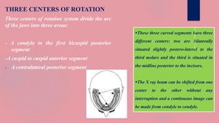 THREE CENTERS OF ROTATION
Three centers of rotation system divide the arc
of the jaws into three areas:
- A condyle to the first bicuspid posterior
segment
-A cuspid to cuspid anterior segment
- A contralateral posterior segment
These three curved segments have three
different centers: two are bilaterally
situated slightly postero-lateral to the
third molars and the third is situated in
the midline posterior to the incisors.
The X ray beam can be shifted from one
center to the other without any
interruption and a continuous image can
be made from condyle to condyle.
 