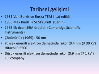Tarihsel gelişimi
• 1931 Von Borris ve Ruska TEM i icat edildi.
• 1935 Max Knoll ilk SEM’i üretti (Berlin)
• 1965 ilk ticari SEM üretildi. (Cambridge Scientific
Instruments)
• Çözünürlük (1965) : 50 nm
• Yüksek enerjili elektron demetinde rekor (0.4 nm @ 30 kV)
Hitachi S-5500
• Düşük enerjili elektron demetinde rekor (0.9 nm @ 1 kV )
FEI company
 