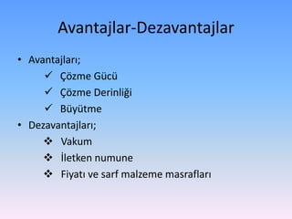 Avantajlar-Dezavantajlar
• Avantajları;
 Çözme Gücü
 Çözme Derinliği
 Büyütme
• Dezavantajları;
 Vakum
 İletken numune
 Fiyatı ve sarf malzeme masrafları
 