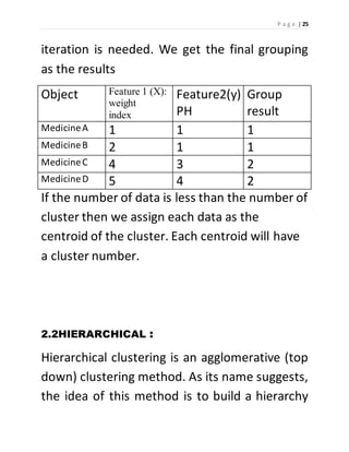 P a g e | 25 
iteration is needed. We get the final grouping 
as the results 
Object Feature 1 (X): 
weight 
index 
Feature2(y) 
PH 
Group 
result 
Medicine A 1 1 1 
Medicine B 2 1 1 
Medicine C 4 3 2 
Medicine D 5 4 2 
If the number of data is less than the number of 
cluster then we assign each data as the 
centroid of the cluster. Each centroid will have 
a cluster number. 
2.2HIERARCHICAL : 
Hierarchical clustering is an agglomerative (top 
down) clustering method. As its name suggests, 
the idea of this method is to build a hierarchy 
 