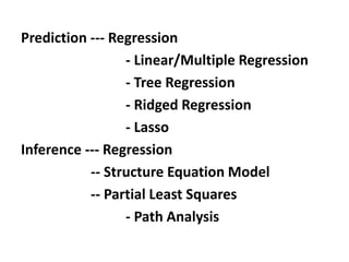 Prediction --- Regression
- Linear/Multiple Regression
- Tree Regression
- Ridged Regression
- Lasso
Inference --- Regression
-- Structure Equation Model
-- Partial Least Squares
- Path Analysis
 