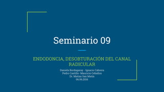 Seminario 09
ENDODONCIA, DESOBTURACIÓN DEL CANAL
RADICULAR
Daniela Bordagaray - Ignacio Cabrera
Pedro Castillo- Mauricio Ceballos
Dr. Matías San Matín
06.06.2016
 
