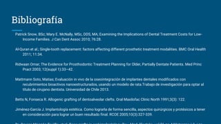 Bibliografía
Patrick Snow, BSc; Mary E. McNally, MSc, DDS, MA; Examining the Implications of Dental Treatment Costs for Low-
Income Families. J Can Dent Assoc 2010; 76:28.
Al-Quran et al.; Single-tooth replacement: factors affecting different prosthetic treatment modalities. BMC Oral Health
2011; 11:34.
Ridwaan Omar; The Evidence for Prosthodontic Treatment Planning for Older, Partially Dentate Patients. Med Princ
Pract 2003; 12(suppl 1):33–42.
Mattmann Soto, Matias; Evaluación in vivo de la oseointegración de implantes dentales modificados con
recubrimientos bioactivos nanoestructurados, usando un modelo de rata.Trabajo de investigación para optar al
título de cirujano dentista. Universidad de Chile 2013.
Betts N, Fonseca R. Allogenic grafting of dentoalveolar clefts. Oral Maxilofac Clinic North 1991;3(3): 122.
Jiménez-García J. Implantología estética. Como lograrla de forma sencilla, aspectos quirúrgicos y protésicos a tener
en consideración para lograr un buen resultado final. RCOE 2005;10(3):327-339.
 
