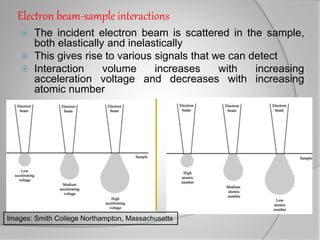 Electron beam-sample interactions
 The incident electron beam is scattered in the sample,
both elastically and inelastically
 This gives rise to various signals that we can detect
 Interaction volume increases with increasing
acceleration voltage and decreases with increasing
atomic number
Images: Smith College Northampton, Massachusetts
 