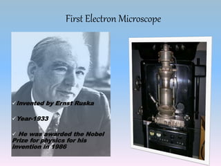 First Electron Microscope
Invented by Ernst Ruska
Year-1933
 He was awarded the Nobel
Prize for physics for his
invention in 1986
 