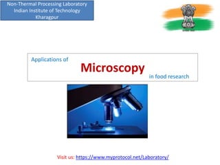 Microscopy
Applications of
in food research
Non-Thermal Processing Laboratory
Indian Institute of Technology
Kharagpur
Visit us: https://www.myprotocol.net/Laboratory/
 