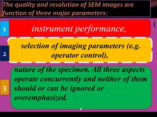 (
instrument performance,
nature of the specimen. All three aspects
operate concurrently and neither of them
should or can be ignored or
overemphasized.
,
selection of imaging parameters (e.g.
operator control),
1
2
3
 