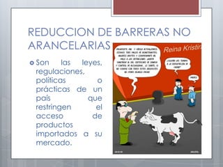 REDUCCION DE BARRERAS NO
ARANCELARIAS
 Son    las leyes,
 regulaciones,
 políticas       o
 prácticas de un
 país          que
 restringen      el
 acceso         de
 productos
 importados a su
 mercado.             ITN - SOCIEDAD Y ECONOMIA
 