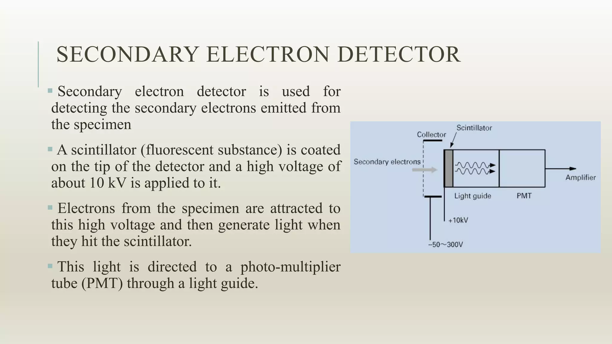 SECONDARY ELECTRON DETECTOR
 Secondary electron detector is used for
detecting the secondary electrons emitted from
the specimen
 A scintillator (fluorescent substance) is coated
on the tip of the detector and a high voltage of
about 10 kV is applied to it.
 Electrons from the specimen are attracted to
this high voltage and then generate light when
they hit the scintillator.
 This light is directed to a photo-multiplier
tube (PMT) through a light guide.
 