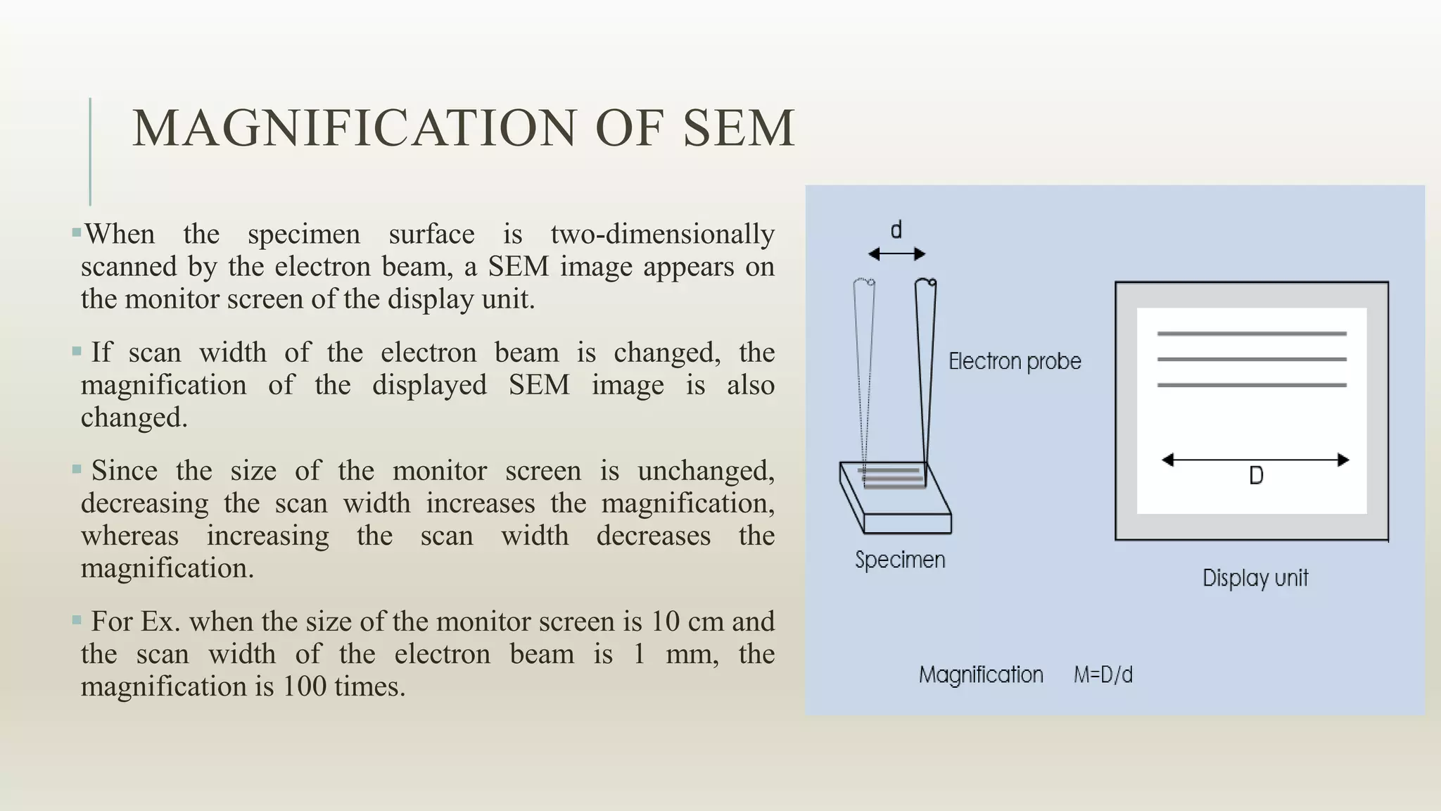 MAGNIFICATION OF SEM
When the specimen surface is two-dimensionally
scanned by the electron beam, a SEM image appears on
the monitor screen of the display unit.
 If scan width of the electron beam is changed, the
magnification of the displayed SEM image is also
changed.
 Since the size of the monitor screen is unchanged,
decreasing the scan width increases the magnification,
whereas increasing the scan width decreases the
magnification.
 For Ex. when the size of the monitor screen is 10 cm and
the scan width of the electron beam is 1 mm, the
magnification is 100 times.
 