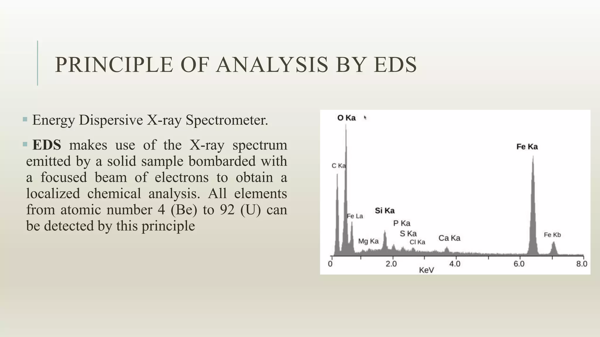 PRINCIPLE OF ANALYSIS BY EDS
 Energy Dispersive X-ray Spectrometer.
 EDS makes use of the X-ray spectrum
emitted by a solid sample bombarded with
a focused beam of electrons to obtain a
localized chemical analysis. All elements
from atomic number 4 (Be) to 92 (U) can
be detected by this principle
 