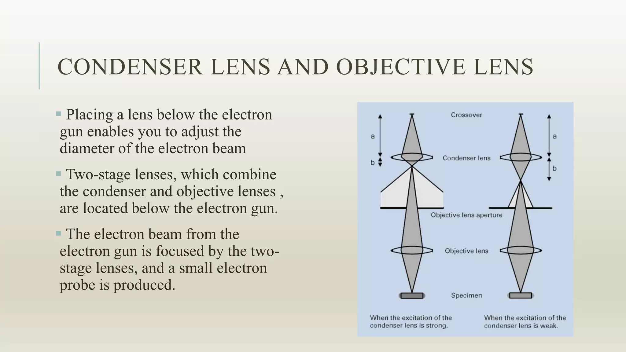 CONDENSER LENS AND OBJECTIVE LENS
 Placing a lens below the electron
gun enables you to adjust the
diameter of the electron beam
 Two-stage lenses, which combine
the condenser and objective lenses ,
are located below the electron gun.
 The electron beam from the
electron gun is focused by the two-
stage lenses, and a small electron
probe is produced.
 
