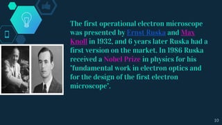 The first operational electron microscope
was presented by Ernst Ruska and Max
Knoll in 1932, and 6 years later Ruska had a
first version on the market. In 1986 Ruska
received a Nobel Prize in physics for his
"fundamental work in electron optics and
for the design of the first electron
microscope".
10
 