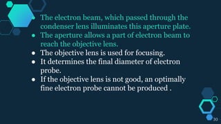 ● The electron beam, which passed through the
condenser lens illuminates this aperture plate.
● The aperture allows a part of electron beam to
reach the objective lens.
● The objective lens is used for focusing.
● It determines the final diameter of electron
probe.
● If the objective lens is not good, an optimally
fine electron probe cannot be produced .
30
 