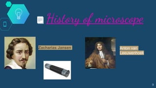 History of microscope
Zacharias Jansen Anton van
Leeuwenhoek
9
 