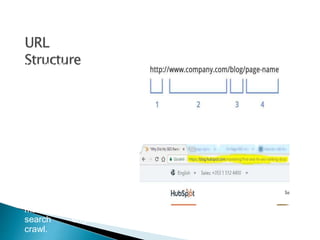 The structure of your
URLs can also help
search engines to better
understand your
website content.
You should use your
keyword(s) in URL
and keep short and
simple.
Avoid special characters
in the URL: They can
make it difficult for
search engines to
crawl.
 
