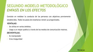 SEGUNDO MODELO METODOLÓGICO
ENFASÍS EN LOS EFECTOS
Consiste en moldear la conducta de las personas con objetivos previamente
establecidos. Todos los pasos de enseñanza vienen ya programados.
VENTAJAS:
• Se utiliza en varios ámbitos.
• Llega a un mayor publico a través de los medios de comunicación masivos.
DESVENTAJAS:
• Es manipulador
• Crea inseguridad
TÉCNICAS
 