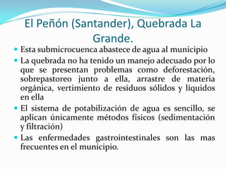 La quebrada no ha tenido un manejo adecuado por lo que se presentan problemas como deforestación, sobrepastoreo junto a ella, arrastre de materia orgánica, vertimiento de residuos sólidos y líquidos en ella